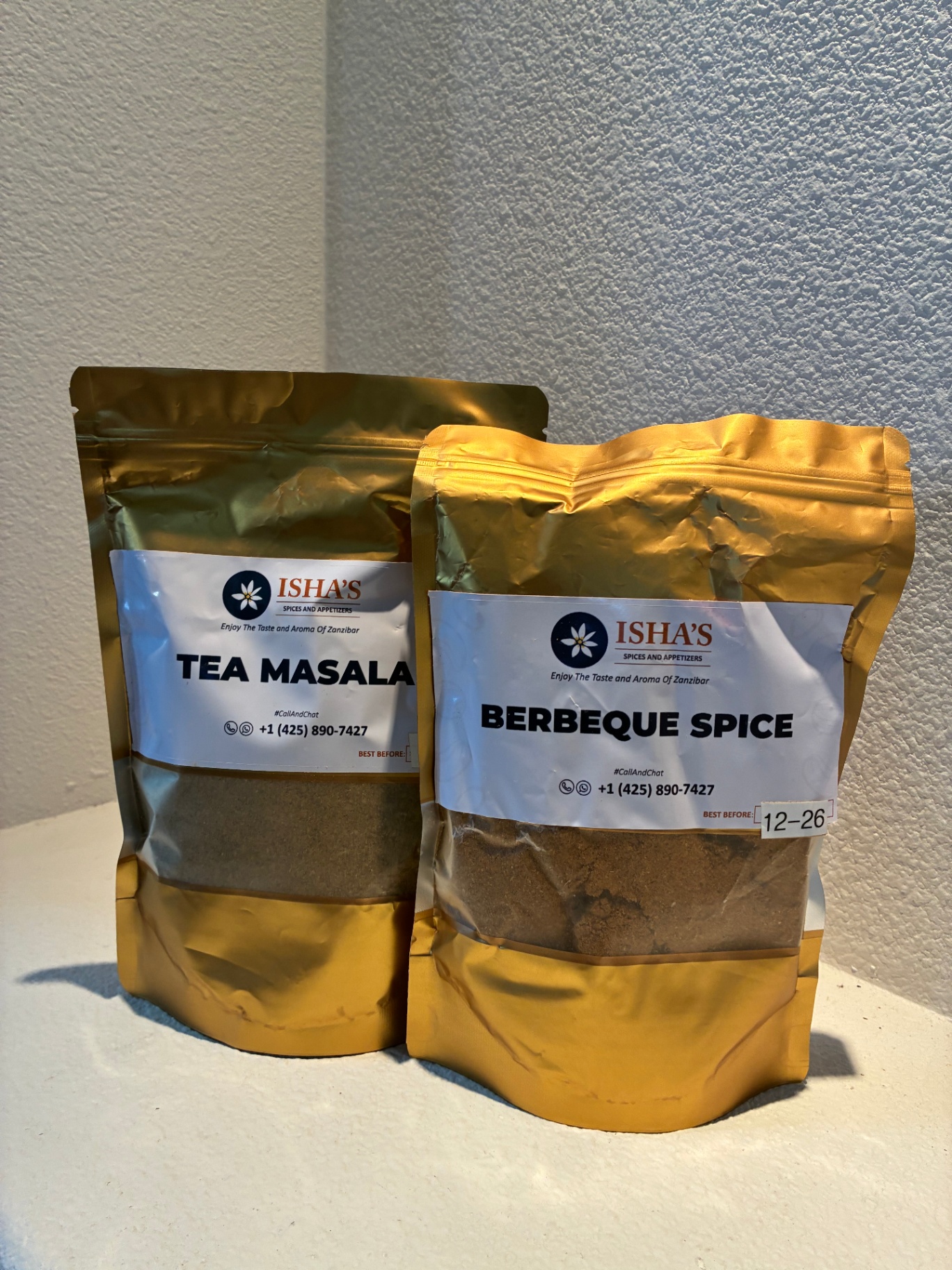 Isha's Spices Tea Masala and BBQ/Nyama Spice side by side